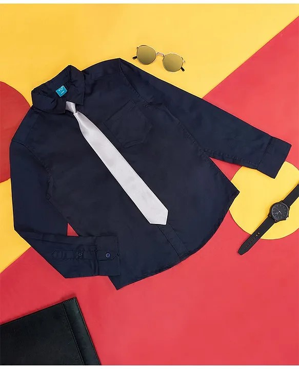 YU by Pantaloons Full Sleeves Solid Shirt With Tie - Navy Blue